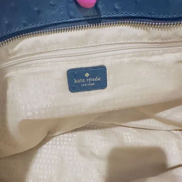 KATE SPADE Navy Blue Large Ostrich Embossed Leather Tote Bag Purse EUC